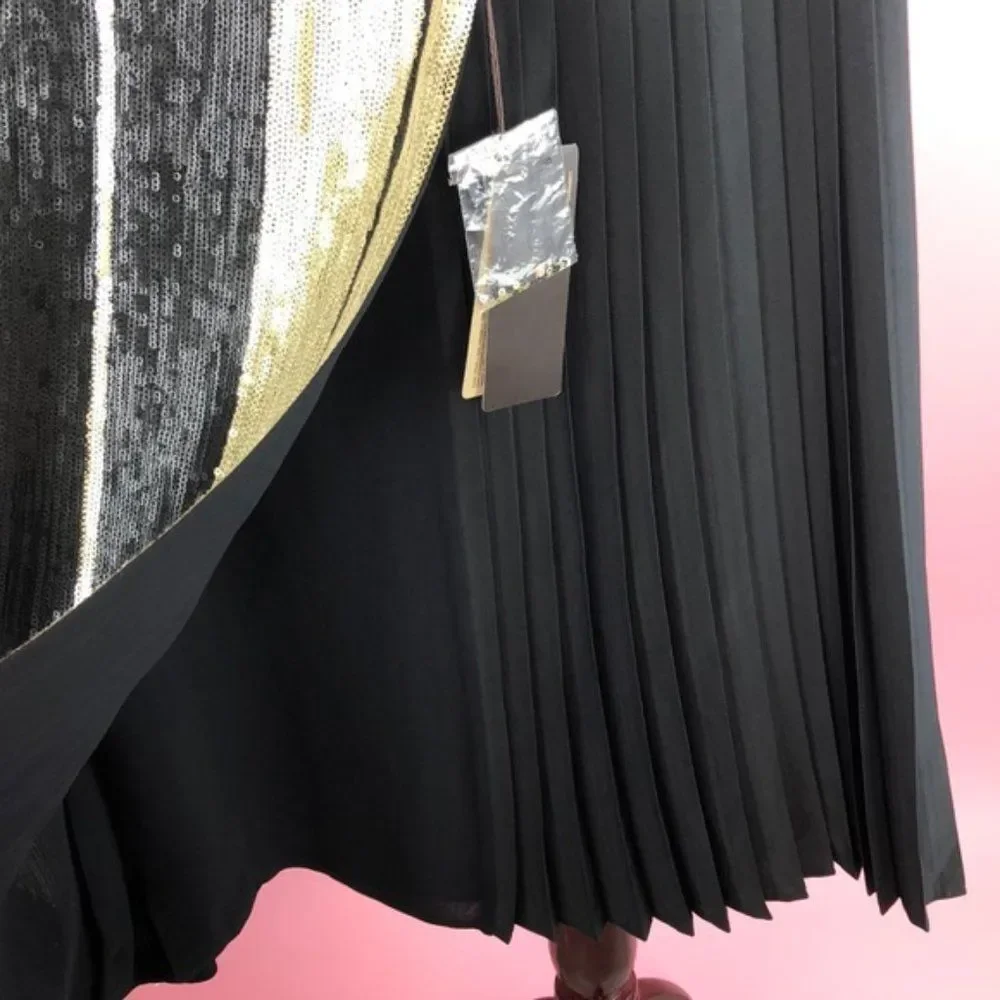 Maliparmi Italian Sequin Pleated Black and Gold Wrap Skirt 42/6 NWT